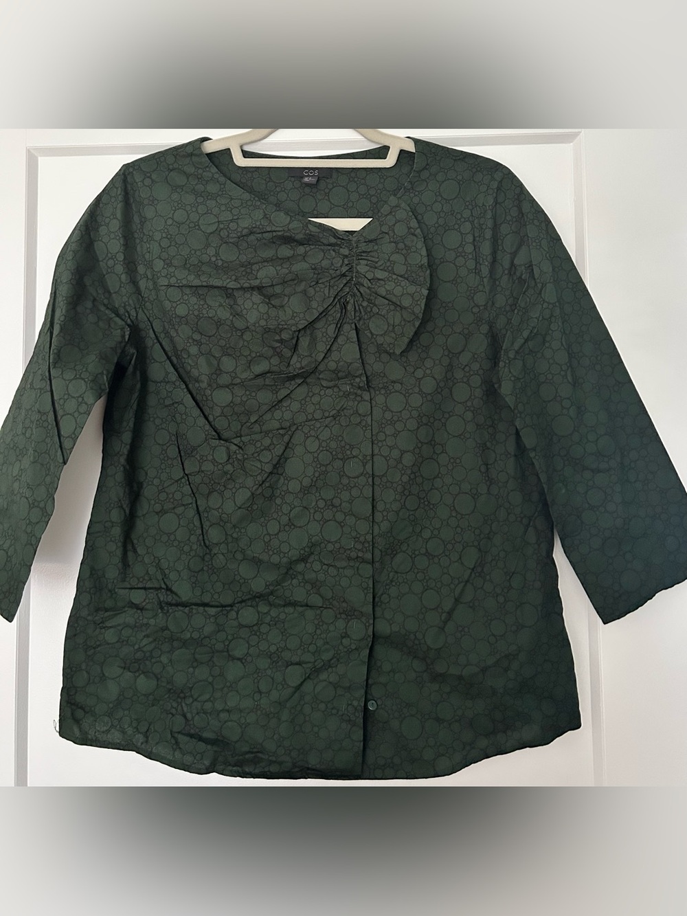 COS Dark Green Bubble-Print Long Sleeve Top with Neck Bow Accent